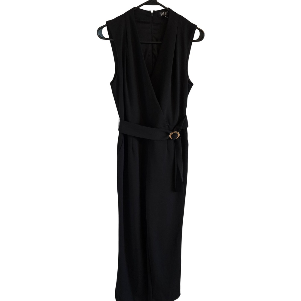 Spense Women Black Sleeveless V-Neck O-Ring Belted Straight Leg Jumpsuit Size 10
